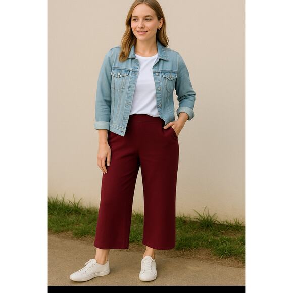 LOFT Maroon Wide Leg Pull-On Cropped Pants Women’s Medium Stretch Work Casual - Picture 1 of 8